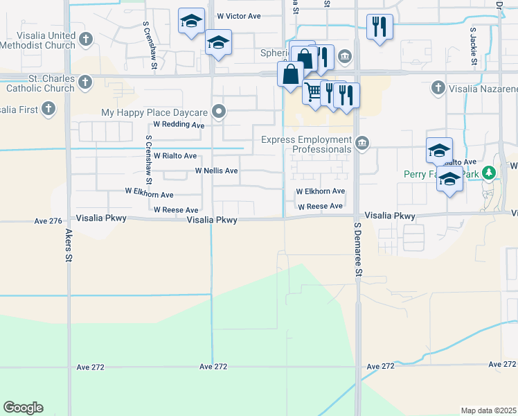 map of restaurants, bars, coffee shops, grocery stores, and more near Visalia Pkwy in Visalia