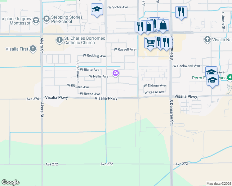 map of restaurants, bars, coffee shops, grocery stores, and more near Visalia Parkway in Visalia