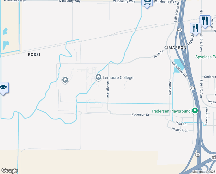 map of restaurants, bars, coffee shops, grocery stores, and more near College Avenue in Lemoore
