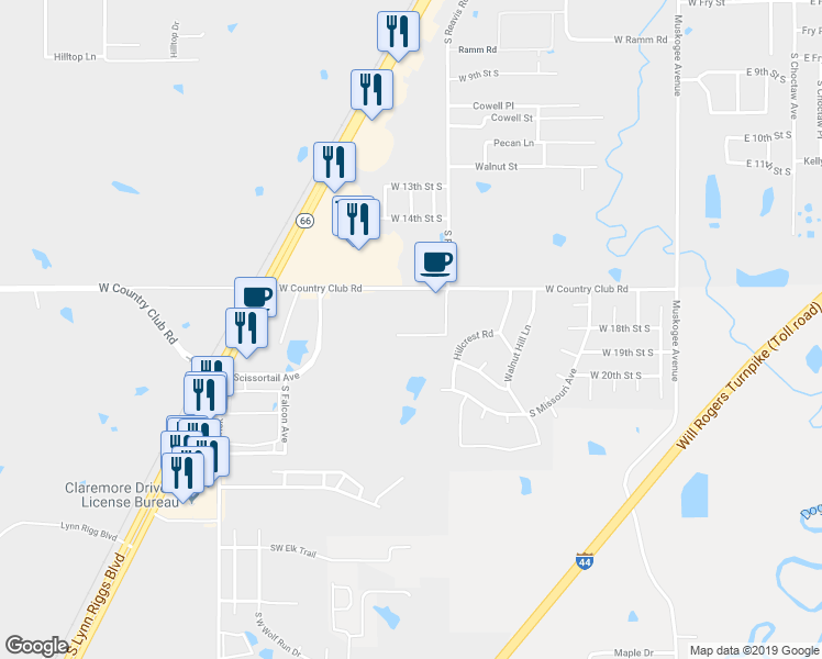 map of restaurants, bars, coffee shops, grocery stores, and more near 1402 South Reavis Road in Claremore