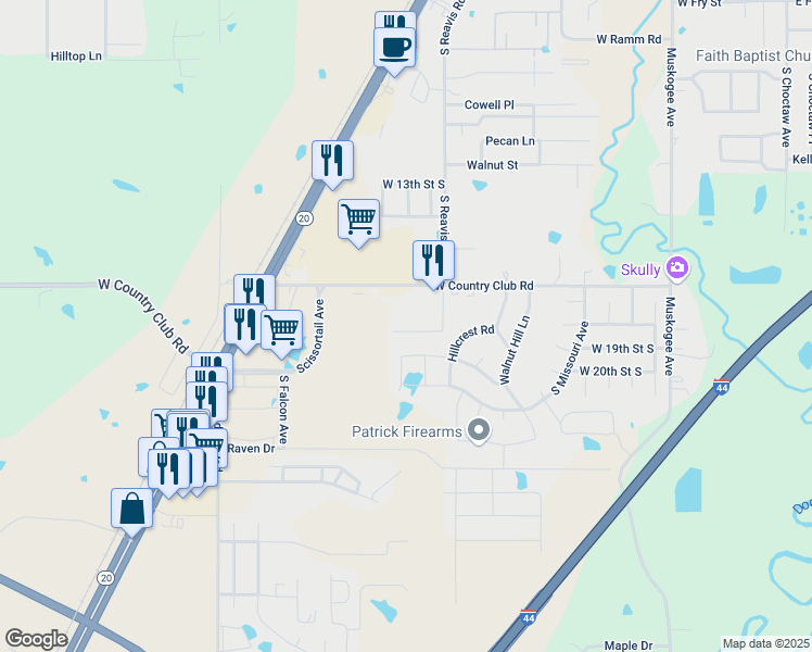 map of restaurants, bars, coffee shops, grocery stores, and more near 1402 Reavis Crossing in Claremore