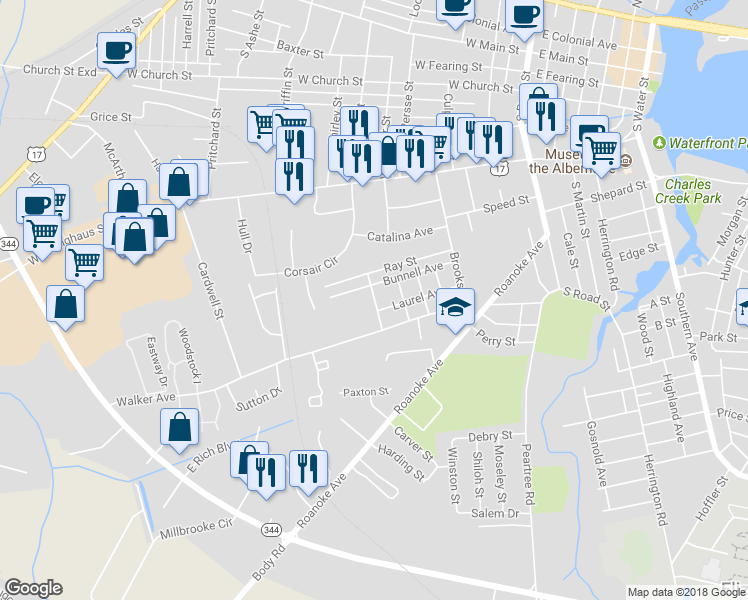 map of restaurants, bars, coffee shops, grocery stores, and more near 707 Madison Avenue in Elizabeth City