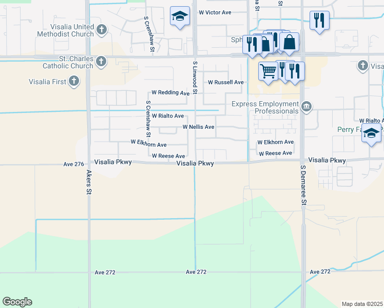 map of restaurants, bars, coffee shops, grocery stores, and more near 4244 South Rova Street in Visalia