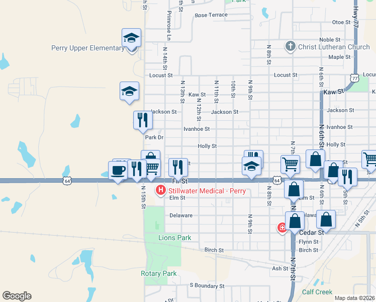 map of restaurants, bars, coffee shops, grocery stores, and more near 1221 Grove Street in Perry