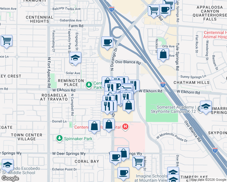 map of restaurants, bars, coffee shops, grocery stores, and more near N Durango Dr & Elkhorn Rd in Las Vegas