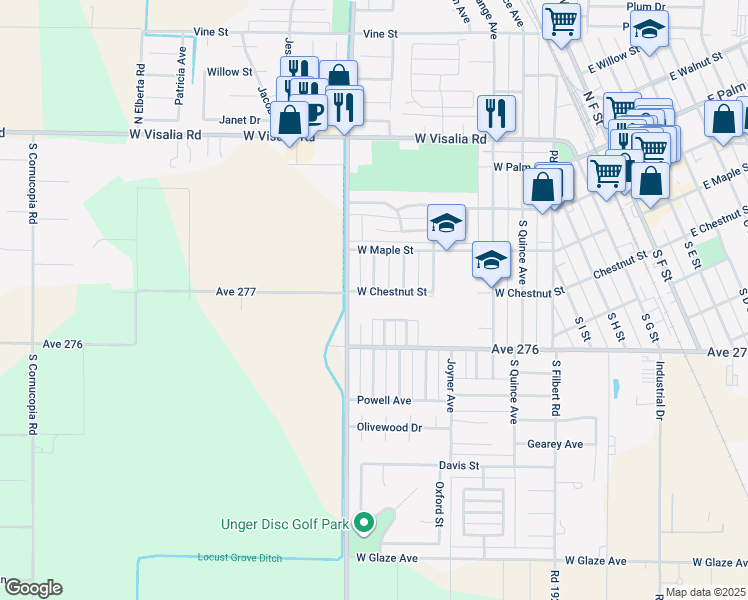 map of restaurants, bars, coffee shops, grocery stores, and more near 400 South Francis Avenue in Exeter