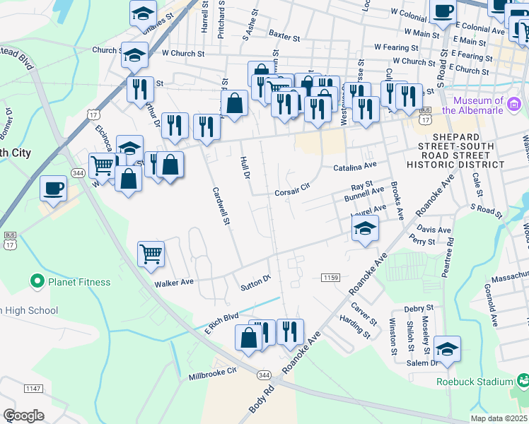 map of restaurants, bars, coffee shops, grocery stores, and more near 201-299 Renaissance Drive in Elizabeth City