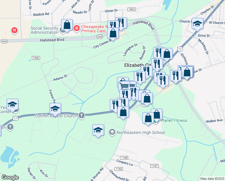 map of restaurants, bars, coffee shops, grocery stores, and more near Rivers Retreat Way in Elizabeth City