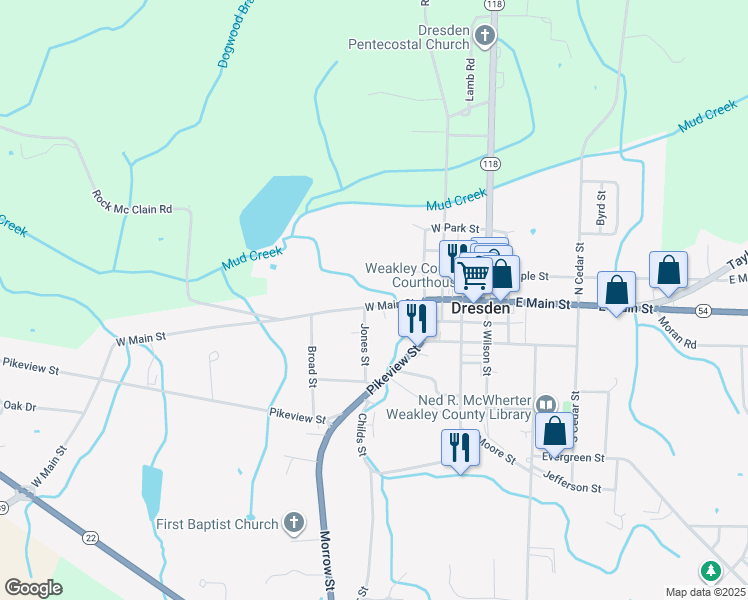 map of restaurants, bars, coffee shops, grocery stores, and more near 118 Jones St in Dresden
