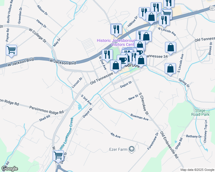 map of restaurants, bars, coffee shops, grocery stores, and more near 109 South 2nd Avenue in Jonesborough