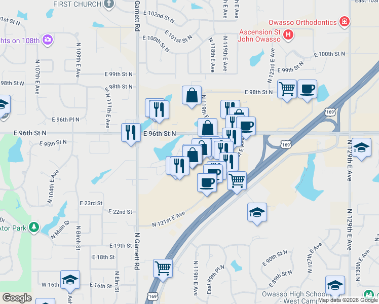 map of restaurants, bars, coffee shops, grocery stores, and more near 11690-11922 E 96th St N in Owasso