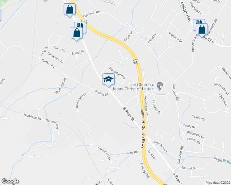 map of restaurants, bars, coffee shops, grocery stores, and more near 2709 South Roan Street in Johnson City