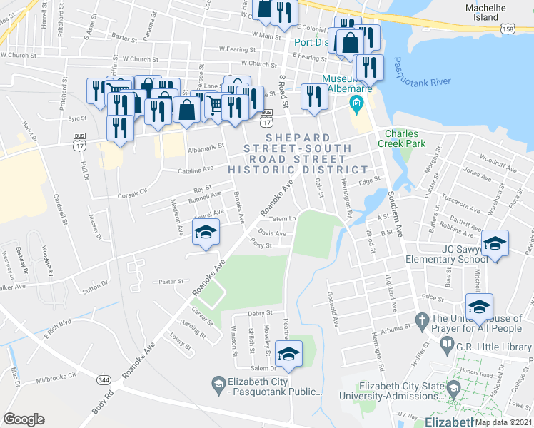 map of restaurants, bars, coffee shops, grocery stores, and more near 313 Roanoke Avenue in Elizabeth City