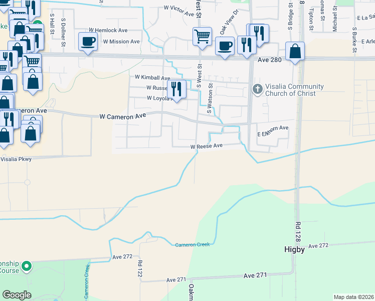 map of restaurants, bars, coffee shops, grocery stores, and more near 4100-4150 West Street in Visalia