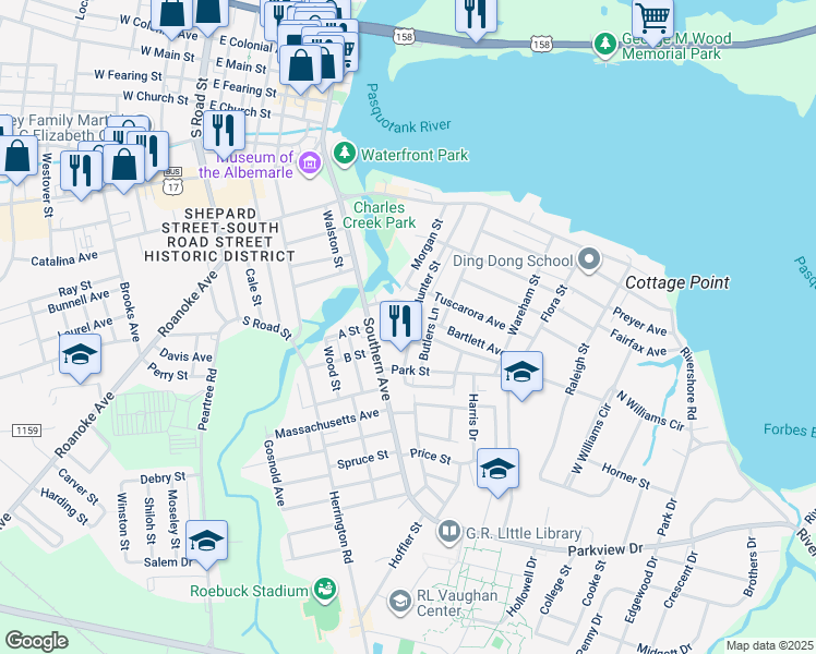 map of restaurants, bars, coffee shops, grocery stores, and more near 717 Dawson St in Elizabeth City