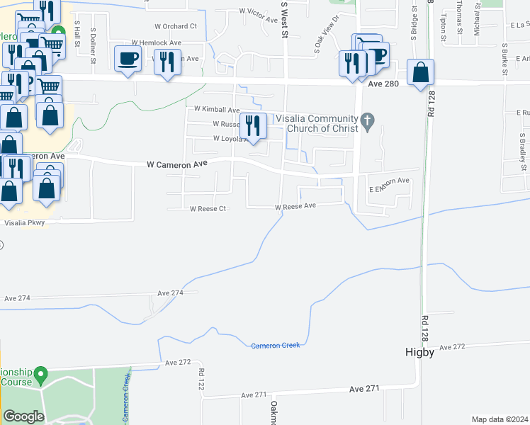 map of restaurants, bars, coffee shops, grocery stores, and more near 547 West Reese Avenue in Visalia