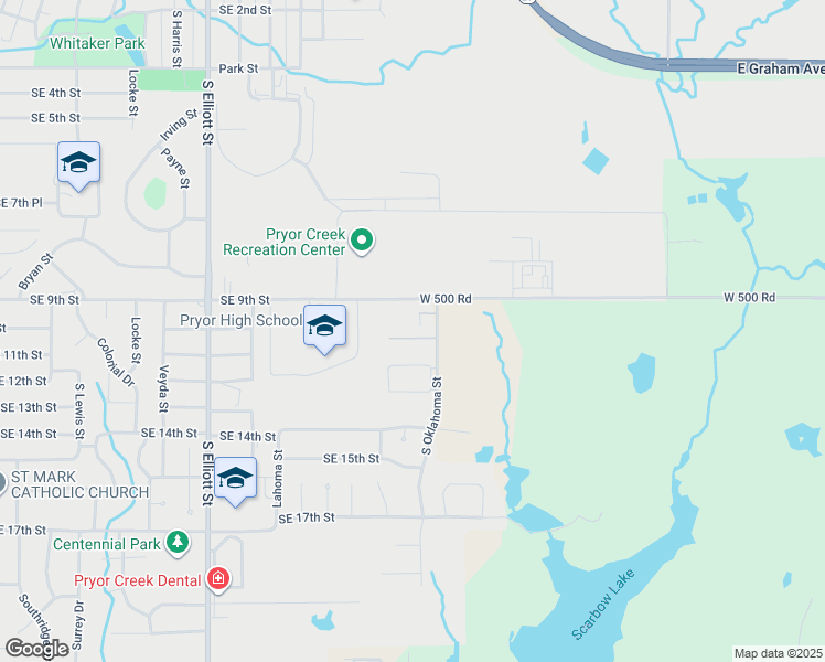 map of restaurants, bars, coffee shops, grocery stores, and more near 1220 Southeast 9th Street in Pryor