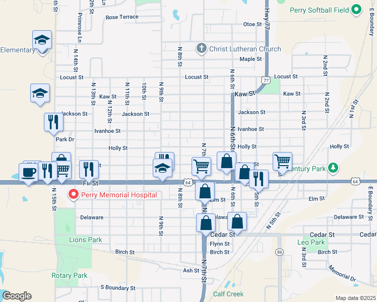map of restaurants, bars, coffee shops, grocery stores, and more near 737 Holly Street in Perry