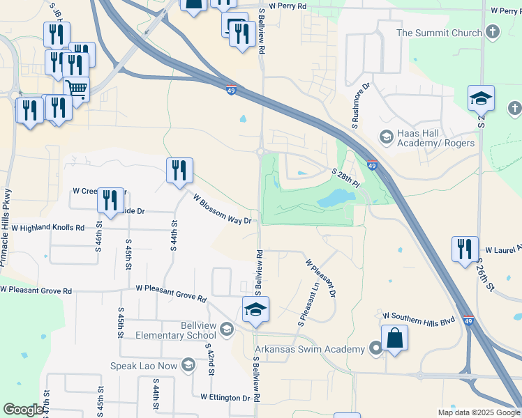 map of restaurants, bars, coffee shops, grocery stores, and more near 3993 Bellview Street in Rogers