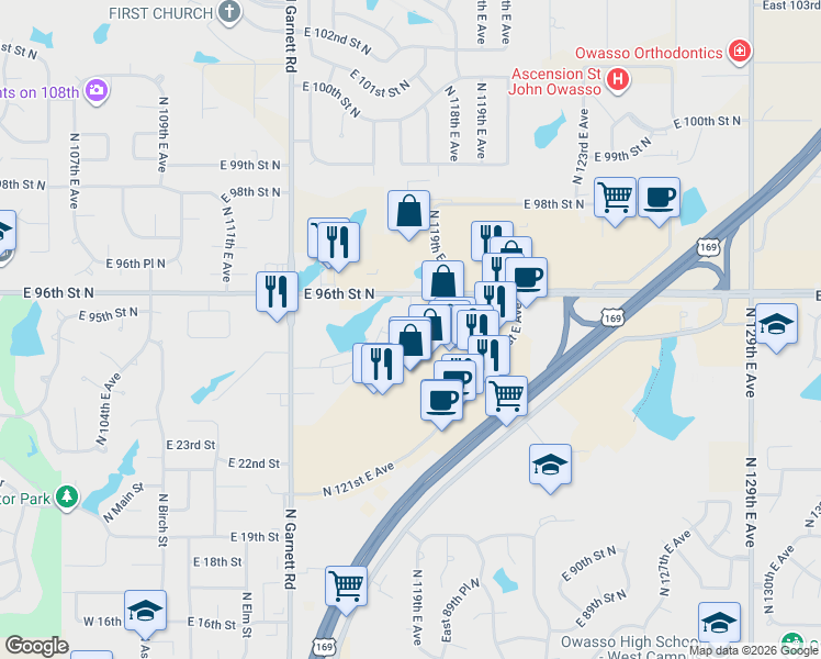 map of restaurants, bars, coffee shops, grocery stores, and more near 11690-11922 E 96th St N in Owasso