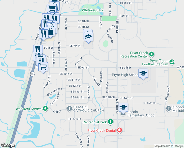 map of restaurants, bars, coffee shops, grocery stores, and more near 901 Colonial Drive in Pryor