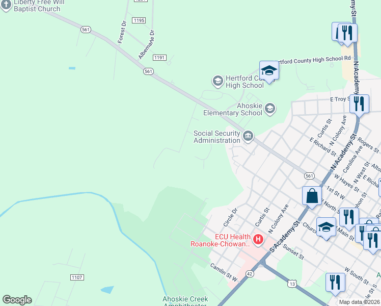 map of restaurants, bars, coffee shops, grocery stores, and more near 109 Pinewood Drive in Ahoskie