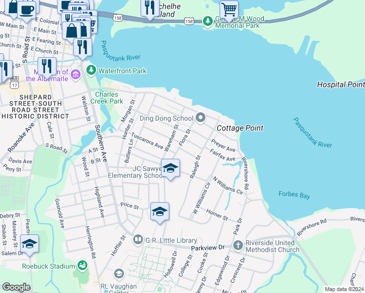 map of restaurants, bars, coffee shops, grocery stores, and more near 908 Flora Street in Elizabeth City
