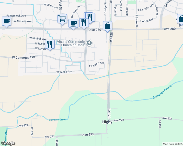 map of restaurants, bars, coffee shops, grocery stores, and more near 129 East Reese Avenue in Visalia