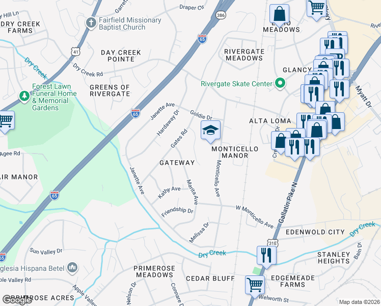 map of restaurants, bars, coffee shops, grocery stores, and more near 414 Gates Road in Goodlettsville