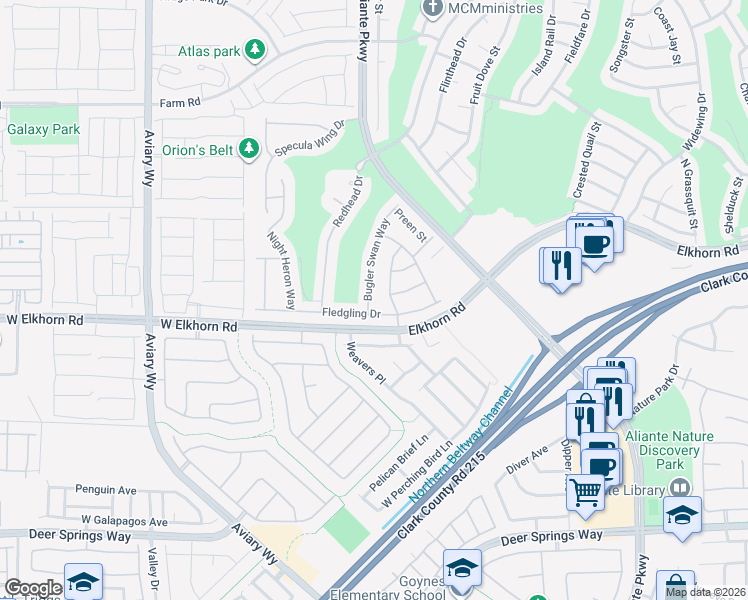 map of restaurants, bars, coffee shops, grocery stores, and more near 7256 Bugler Swan Way in North Las Vegas