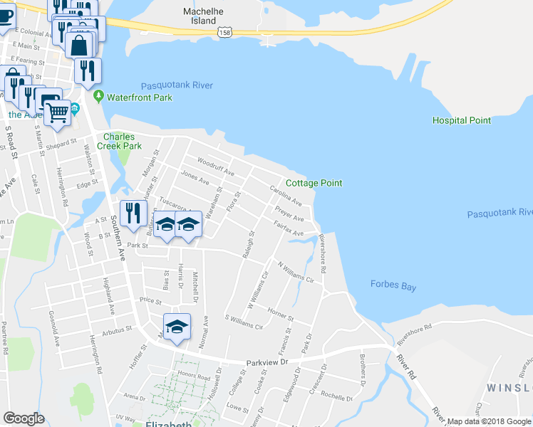 map of restaurants, bars, coffee shops, grocery stores, and more near 806 Raleigh Street in Elizabeth City