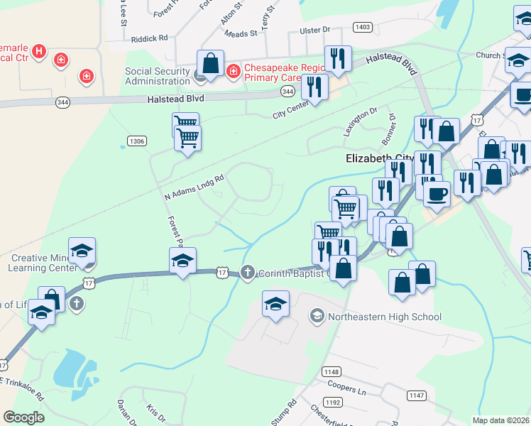 map of restaurants, bars, coffee shops, grocery stores, and more near 900-1598 Lambsberry Circle in Elizabeth City