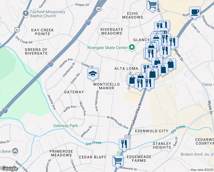map of restaurants, bars, coffee shops, grocery stores, and more near 428 Thomas Jefferson Circle in Goodlettsville