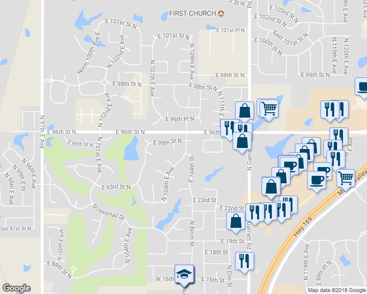 map of restaurants, bars, coffee shops, grocery stores, and more near 9412 North 104th East Avenue in Owasso