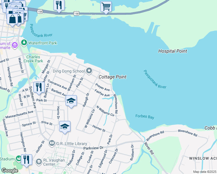 map of restaurants, bars, coffee shops, grocery stores, and more near 1212 Carolina Avenue in Elizabeth City