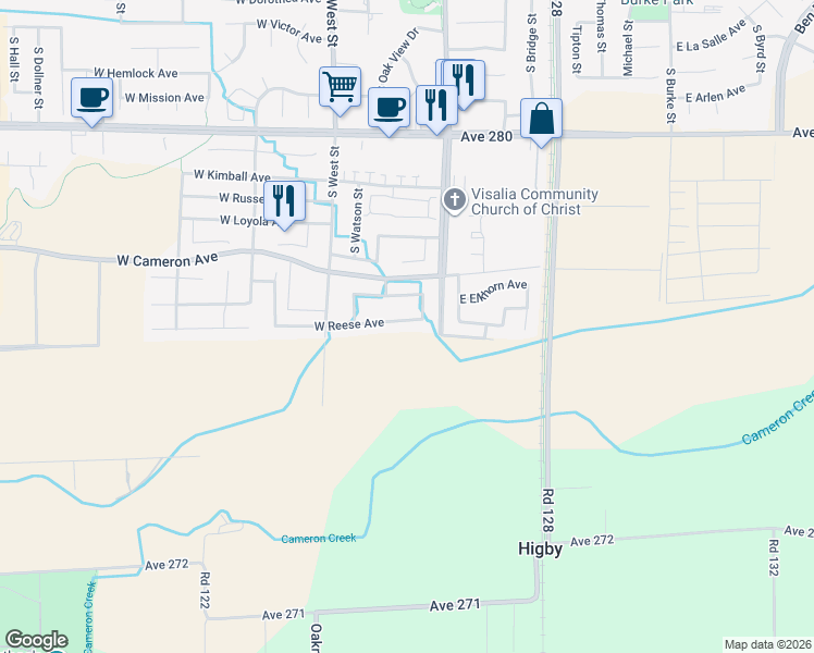 map of restaurants, bars, coffee shops, grocery stores, and more near 218 West Reese Avenue in Visalia
