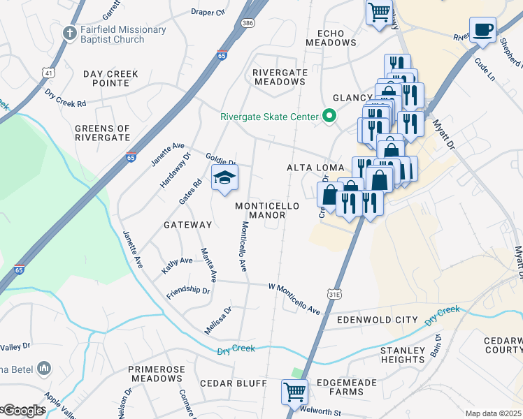 map of restaurants, bars, coffee shops, grocery stores, and more near 511 Thomas Jefferson Circle in Goodlettsville