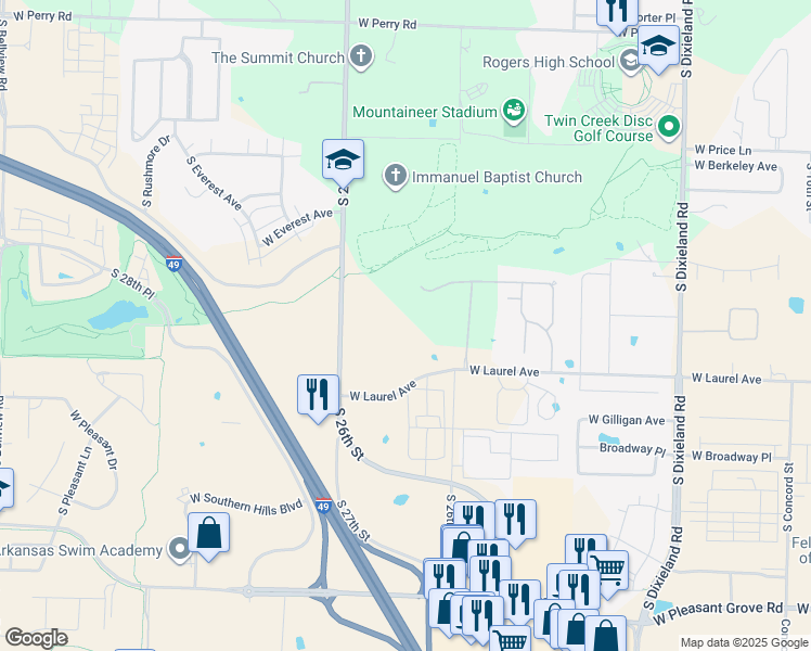 map of restaurants, bars, coffee shops, grocery stores, and more near 2901 South 26th Street in Rogers