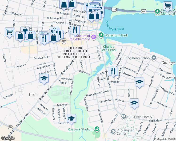 map of restaurants, bars, coffee shops, grocery stores, and more near 912 South Martin Street in Elizabeth City