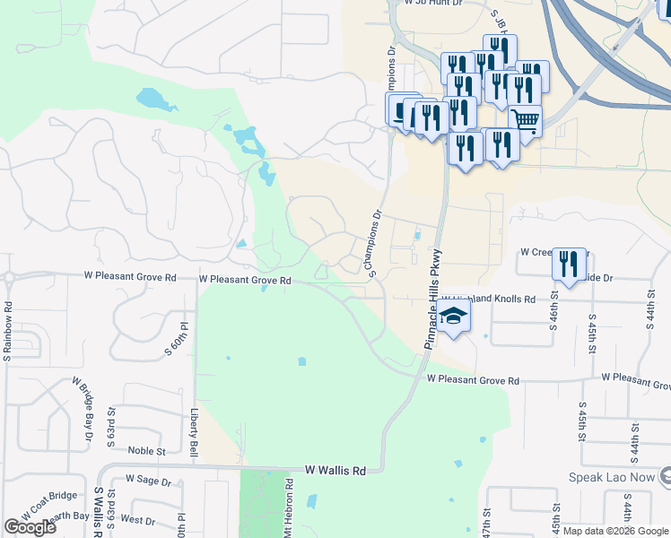 map of restaurants, bars, coffee shops, grocery stores, and more near 10 South Prairie Dunes Drive in Rogers