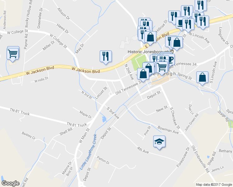map of restaurants, bars, coffee shops, grocery stores, and more near 413 West Main Street in Jonesborough