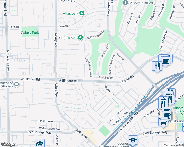 map of restaurants, bars, coffee shops, grocery stores, and more near 7213 Night Heron Way in North Las Vegas