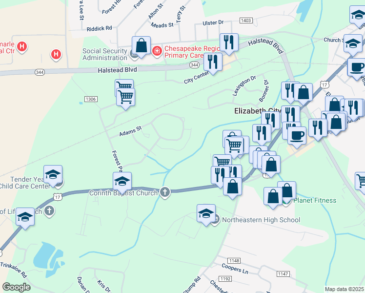 map of restaurants, bars, coffee shops, grocery stores, and more near 1602 Raven Way in Elizabeth City