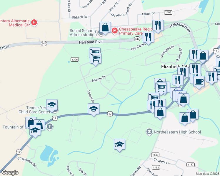 map of restaurants, bars, coffee shops, grocery stores, and more near 303 Adams Creek Road in Elizabeth City