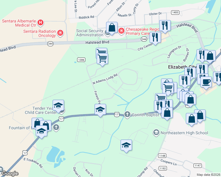 map of restaurants, bars, coffee shops, grocery stores, and more near 4106 Adams Creek Road in Elizabeth City