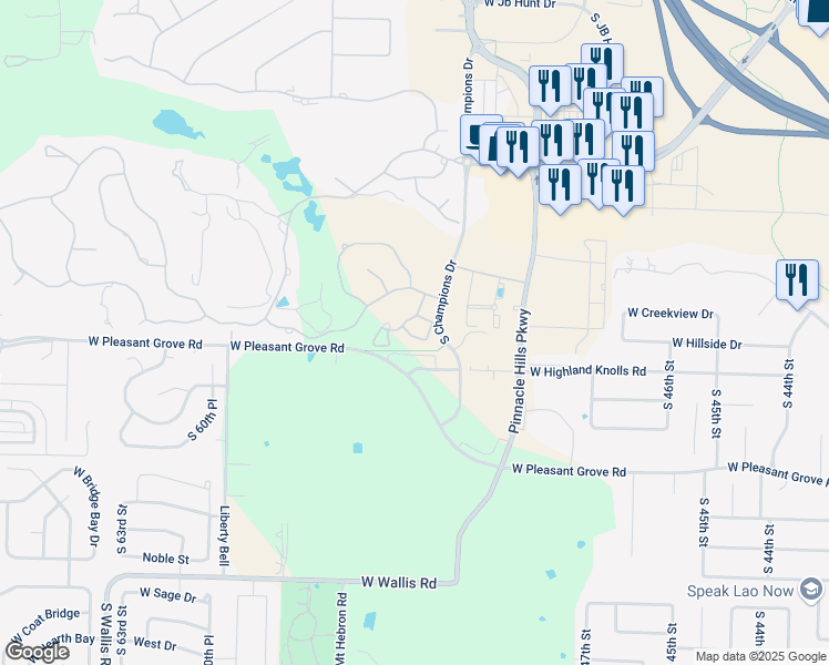 map of restaurants, bars, coffee shops, grocery stores, and more near 31 West La Quinta Court in Rogers
