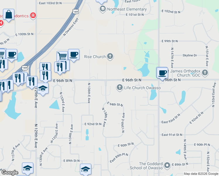 map of restaurants, bars, coffee shops, grocery stores, and more near 9507 North 139th East Court in Owasso