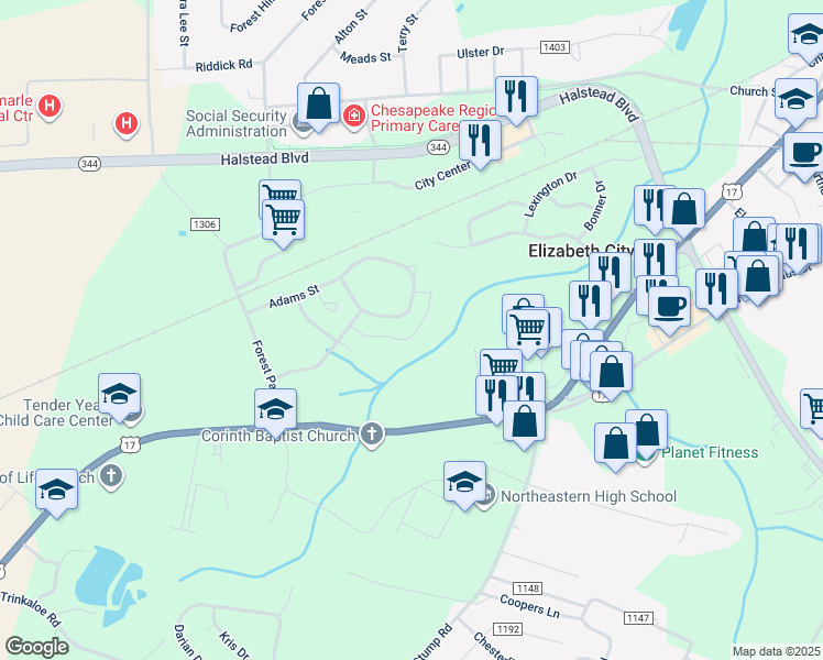 map of restaurants, bars, coffee shops, grocery stores, and more near 1602 Raven Way in Elizabeth City