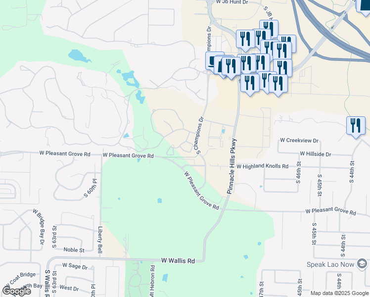 map of restaurants, bars, coffee shops, grocery stores, and more near 6 West La Quinta Court in Rogers