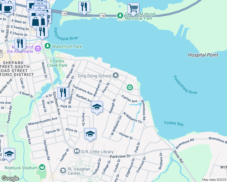 map of restaurants, bars, coffee shops, grocery stores, and more near 1116 Camden Avenue in Elizabeth City